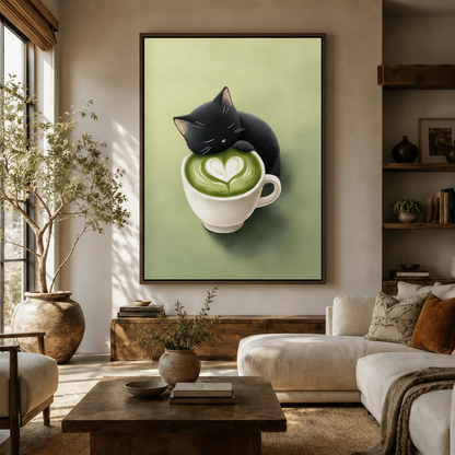 Whimsical black cat matcha latte canvas wall art displayed in modern living room above sideboard