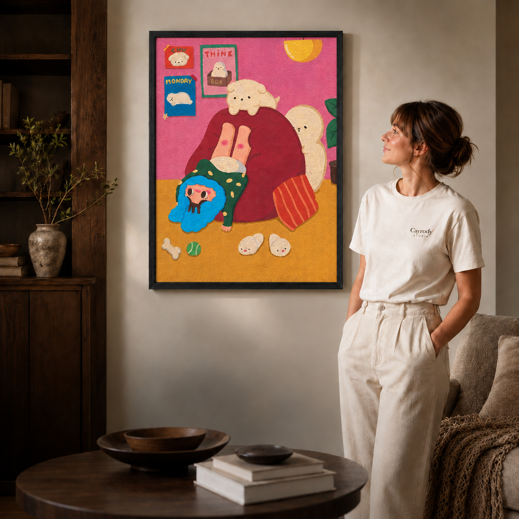 Colorful playroom artwork with a red sofa in a slim black frame beside a woman.