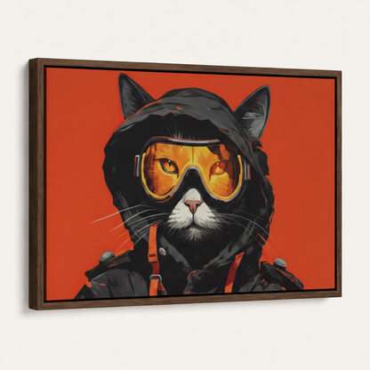 Dark walnut framed tactical cat canvas art angled product view on white background