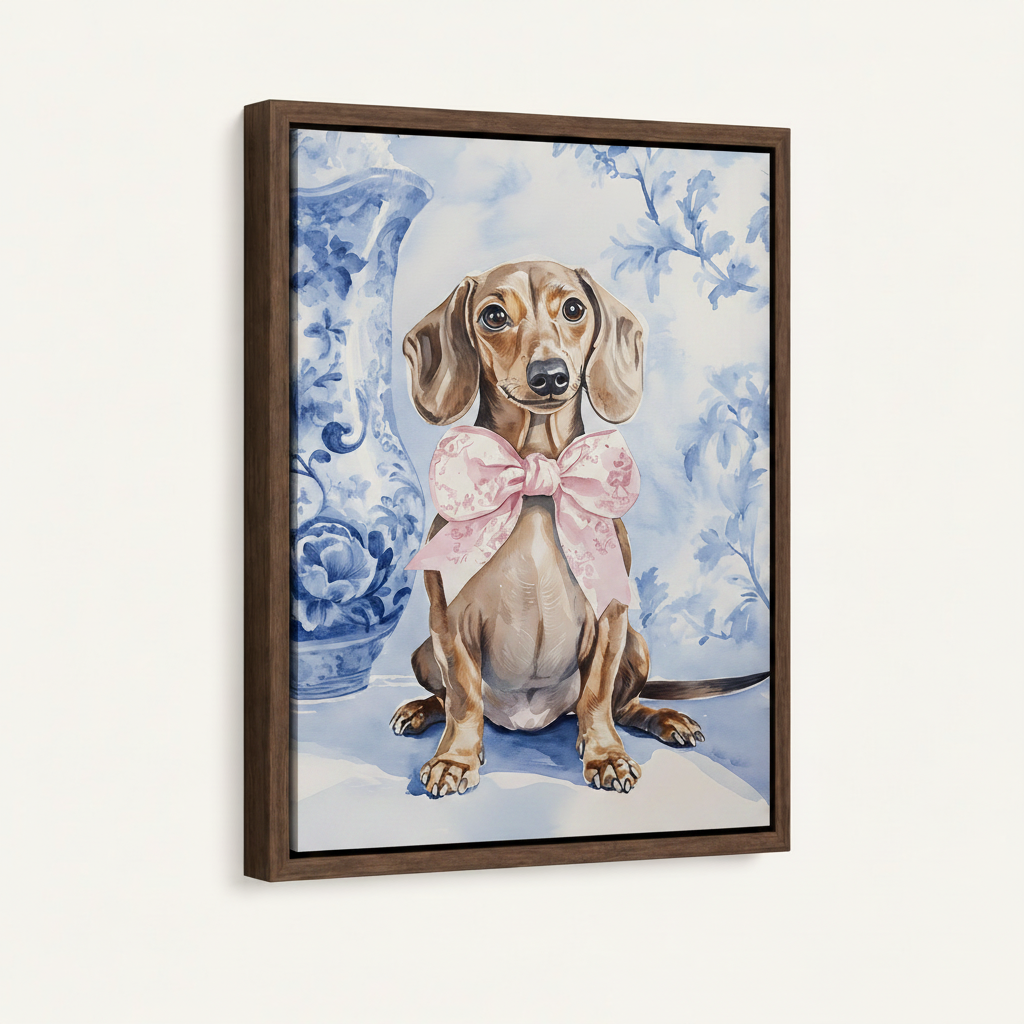 Preppy dachshund pink bow chinoiserie watercolor canvas in wide dark walnut float frame 3/4 angle product mockup