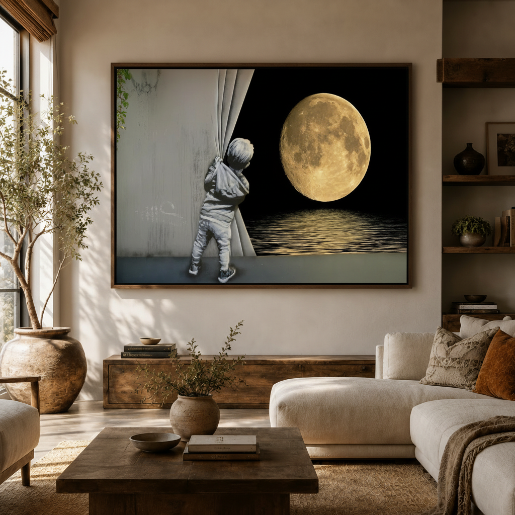 Gallery wrapped surrealist moon canvas print frameless angled side view