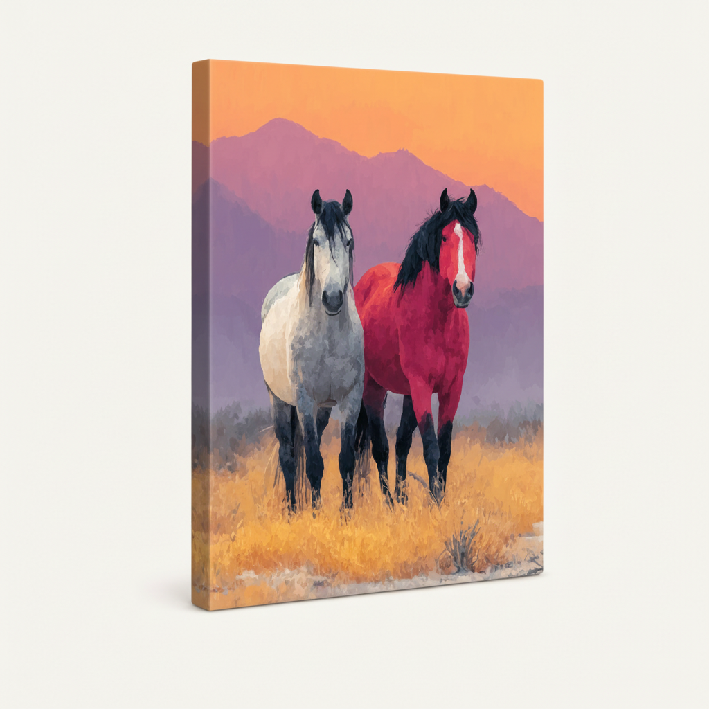 Gallery-wrapped canvas print of two wild horses western sunset painting, angled side view on white background