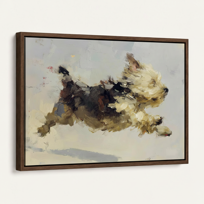 Dark walnut float frame canvas of running terrier dog in palette knife style, angled product view on white background