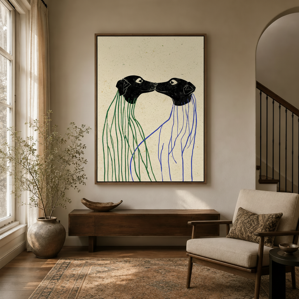 Large framed abstract dog canvas print displayed in a warm modern entryway with console and arch
