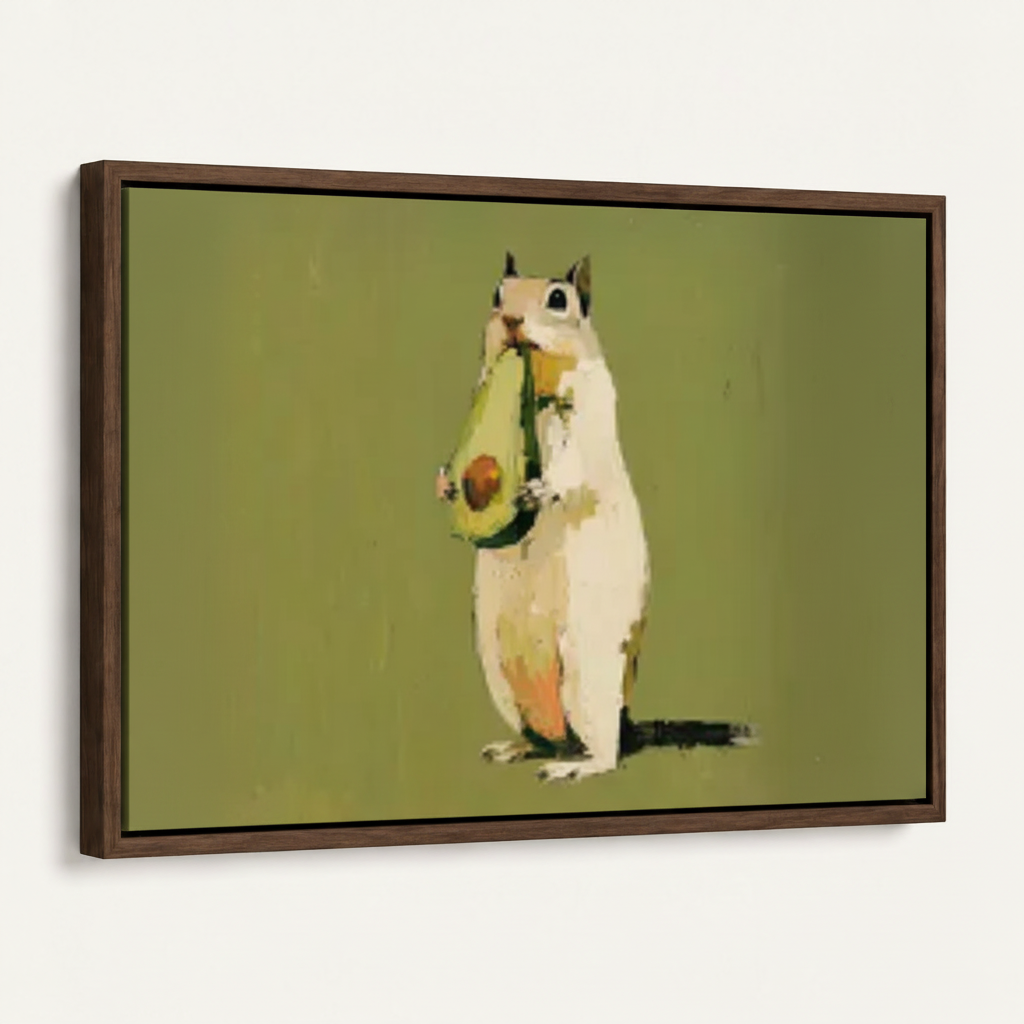 Framed folk art squirrel avocado canvas print on white background, left-angle product view