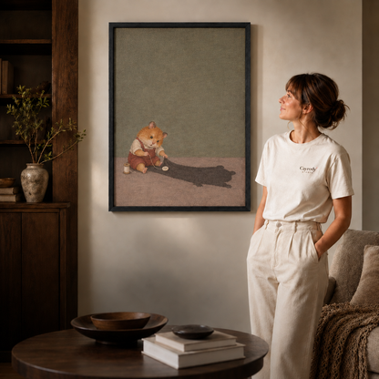 Mouse sewing its shadow artwork in a slim black frame beside a woman.