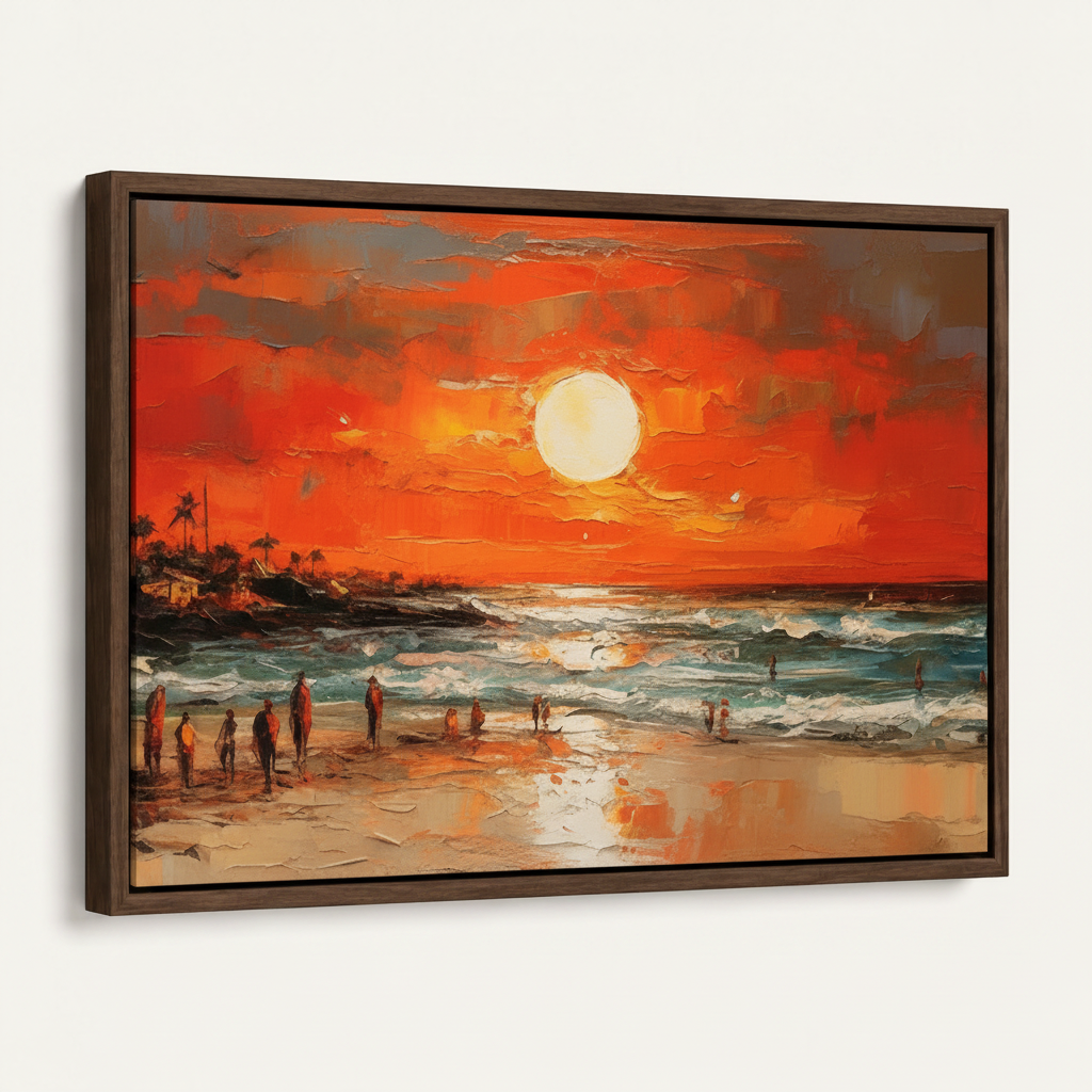 Dark walnut float frame beach sunset canvas print at 45-degree angle on off-white background