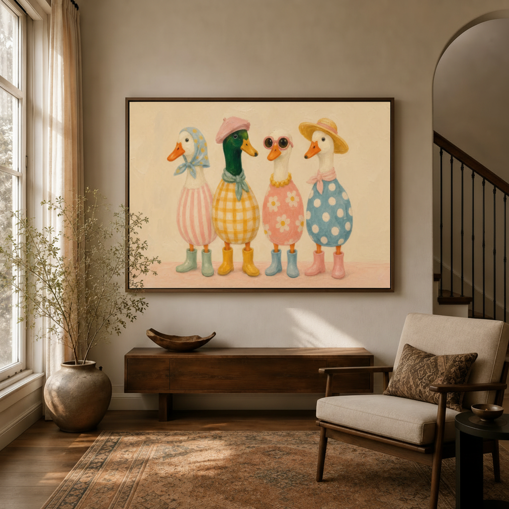 Colorful duck canvas wall art hanging in warm entryway with arched doorway and dried branch decor