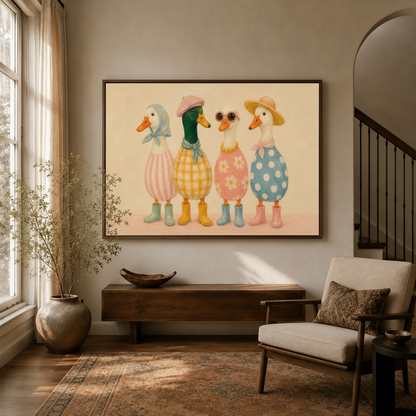 Colorful duck canvas wall art hanging in warm entryway with arched doorway and dried branch decor