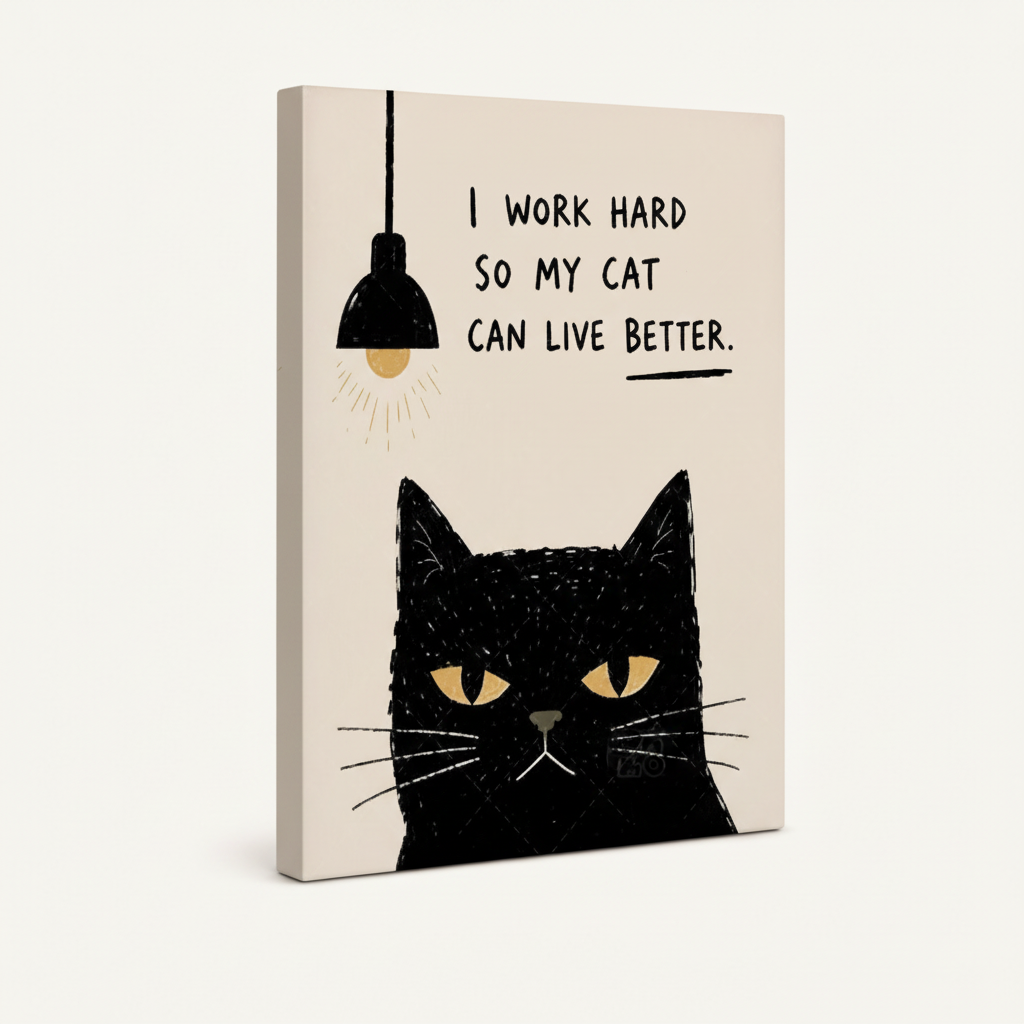 Gallery-wrapped canvas of funny black cat quote print, side angle showing wrap depth