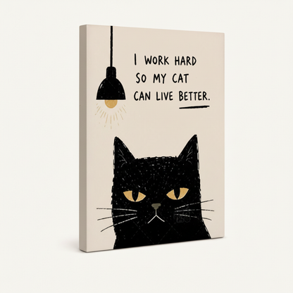 Gallery-wrapped canvas of funny black cat quote print, side angle showing wrap depth