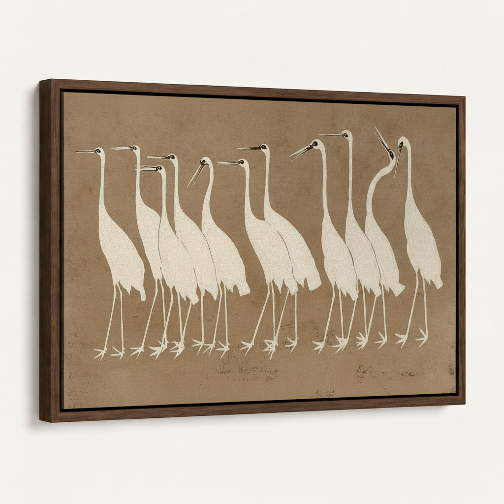White cranes Japanese canvas wall art framed product mockup on white background angled float frame view