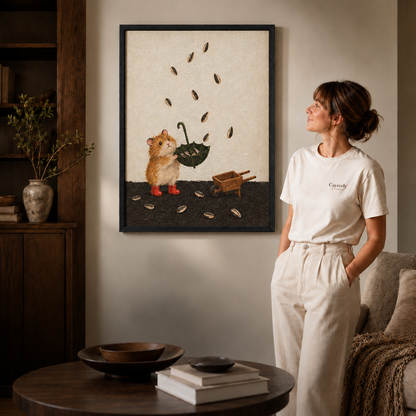 Mouse with an upside-down umbrella and wheelbarrow in a slim black frame beside a woman.