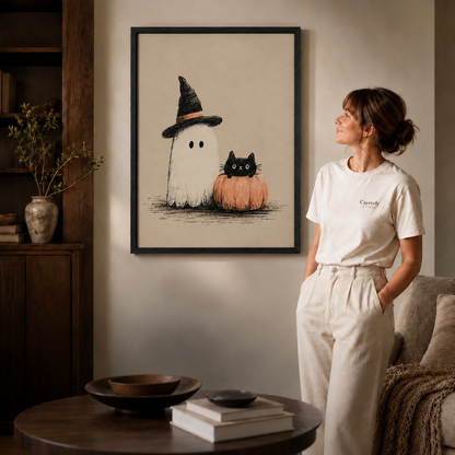 Black-framed witch ghost and pumpkin cat artwork styled in a neutral living room.