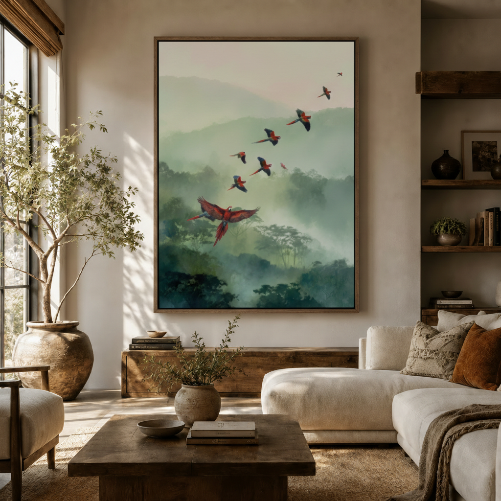 Watercolor tropical macaw canvas displayed above sideboard in warm modern living room with olive tree