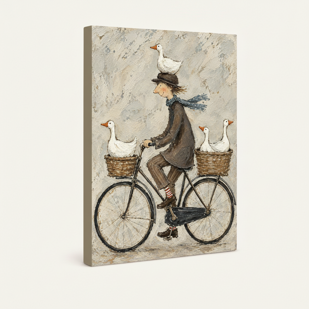 Gallery wrapped canvas of folk art cyclist with geese displayed at angle, frameless, on white background