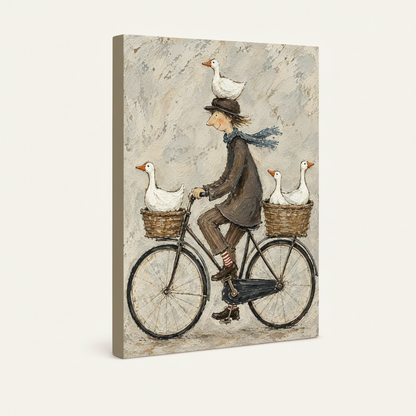Gallery wrapped canvas of folk art cyclist with geese displayed at angle, frameless, on white background