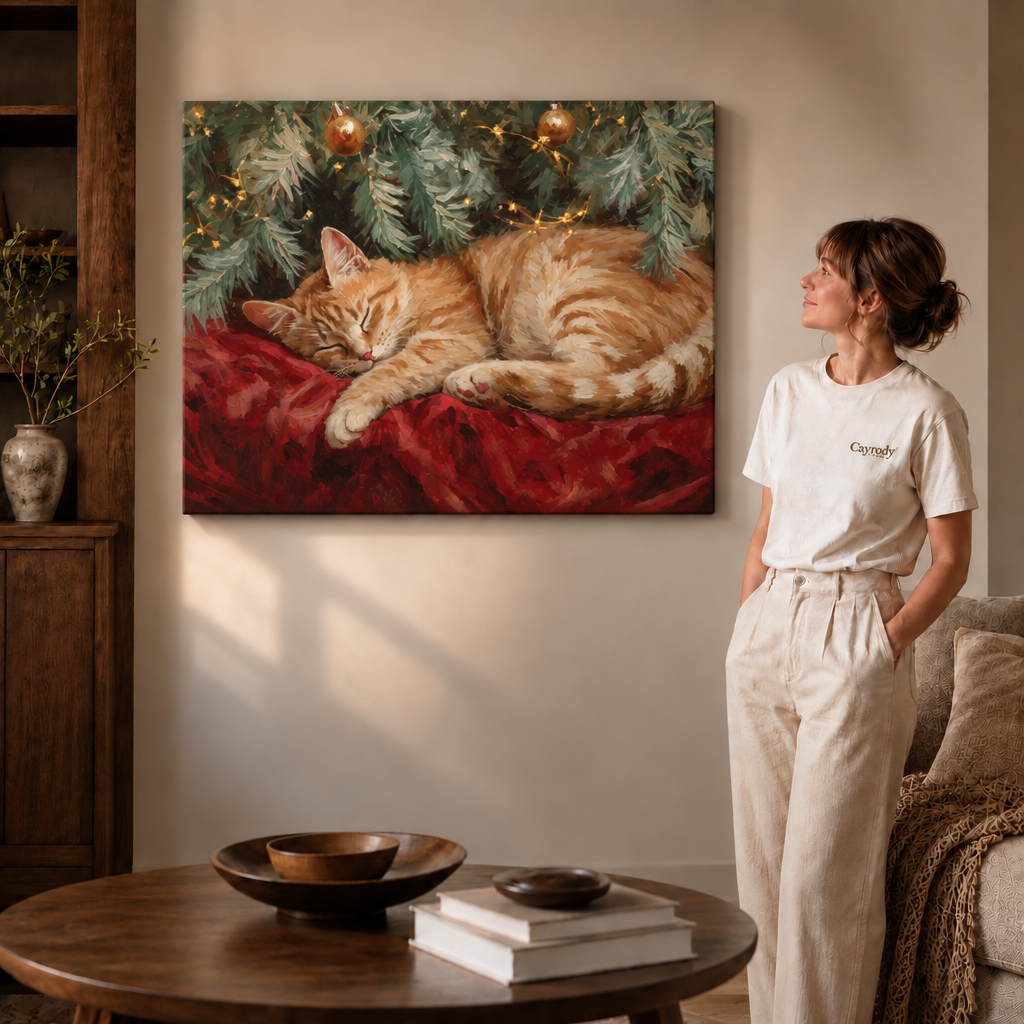 Sleeping orange cat Christmas canvas wall art on a gallery-wrapped canvas beside a woman in white.