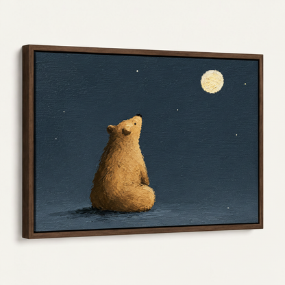 Framed moonlit bear canvas art shown at an angled product view
