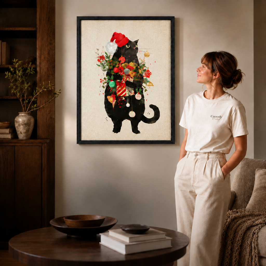 Black-framed Christmas cat wall art creates a festive focal point beside a woman in white and a sofa.