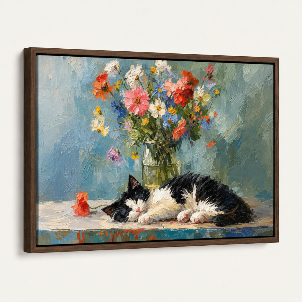 Framed sleeping cat floral oil painting with a deep walnut frame