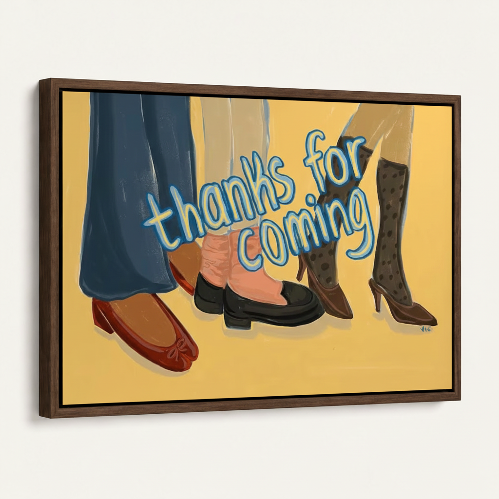Framed pop art canvas thanks for coming women's shoes art product mockup on white background