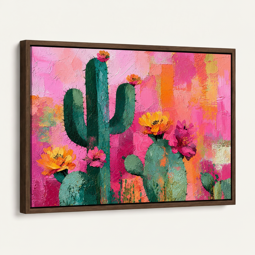 Framed cactus canvas wall art with vivid pink tones and textured floral details