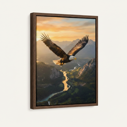 Framed bald eagle canvas wall art in dark walnut floating frame shown at angle on off-white background