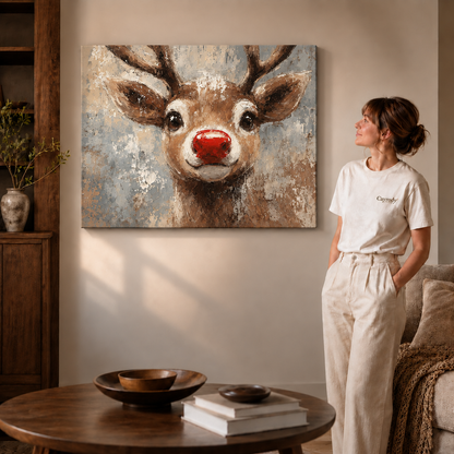 Gallery-wrapped reindeer canvas wall art with a bright red nose beside a woman in white.