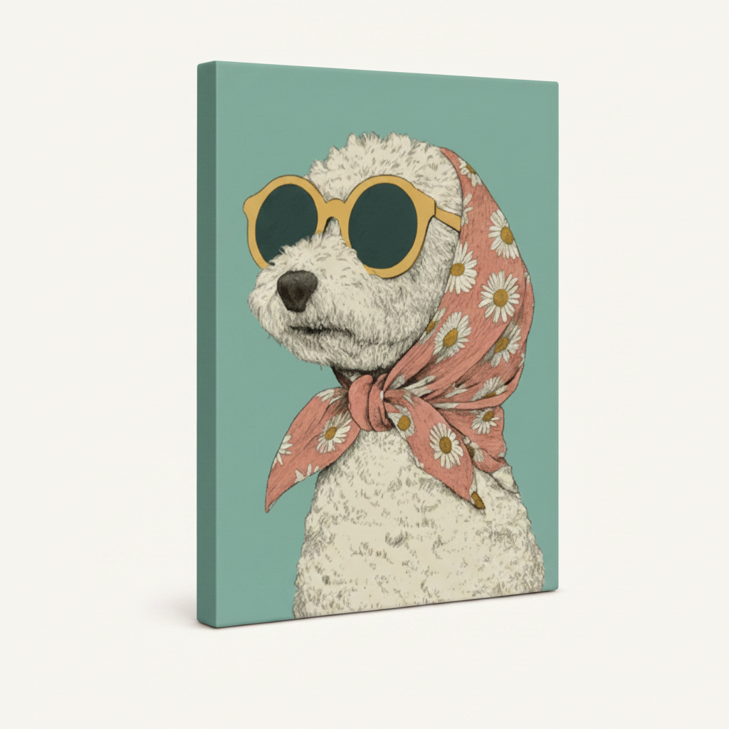 Gallery wrap canvas of retro poodle illustration with yellow sunglasses on white background
