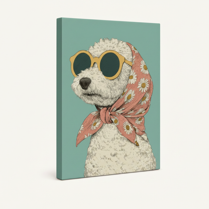 Gallery wrap canvas of retro poodle illustration with yellow sunglasses on white background
