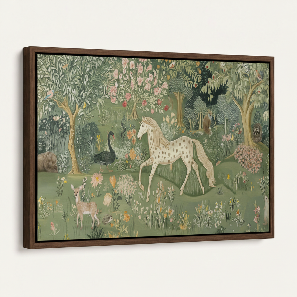 English garden tapestry canvas wall art framed product mockup on white background angled float frame view