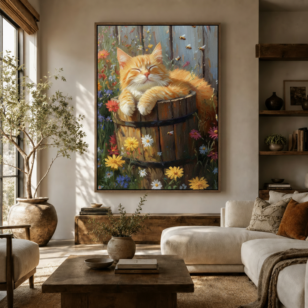 Large sleeping cat wildflower garden canvas wall art hung above sideboard in warm modern living room