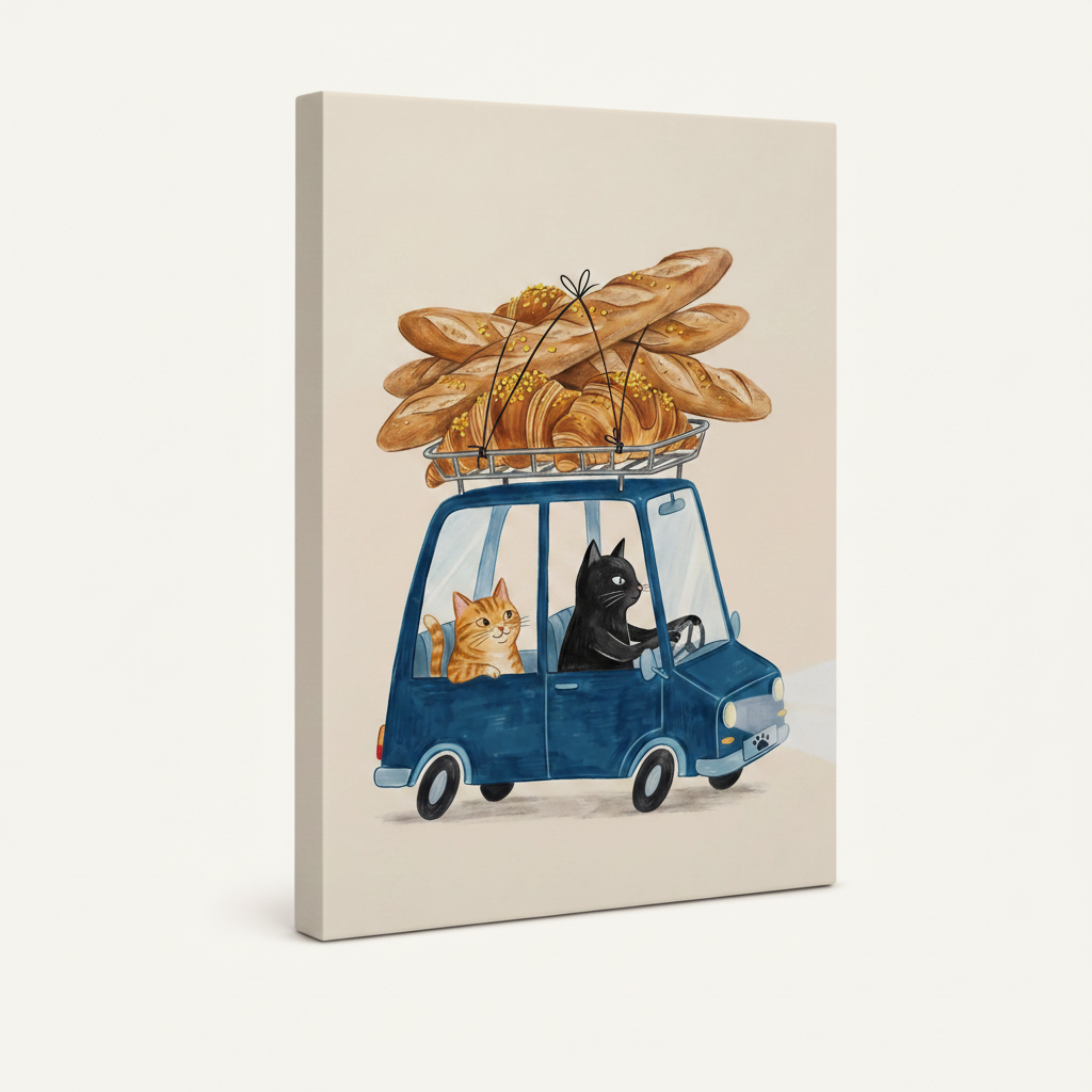 Gallery-wrapped cat bread delivery watercolor canvas shown at angle on clean white background