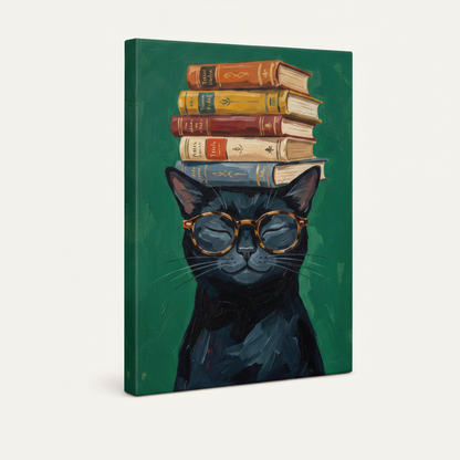 Funny intellectual cat with glasses and vintage books gallery wrap canvas side view on white background