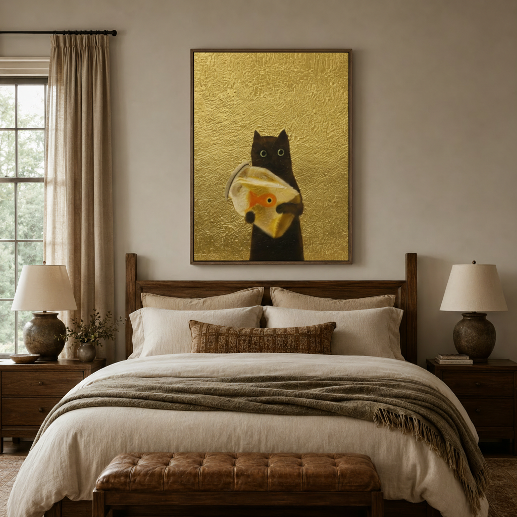 Whimsical black cat goldfish impasto canvas above dark walnut bed with cream bedding in cozy neutral 