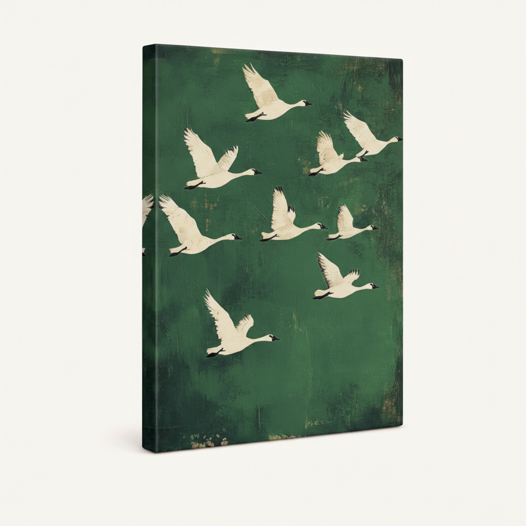 Gallery-wrapped swan canvas print in angled product view showing deep green painting on white background