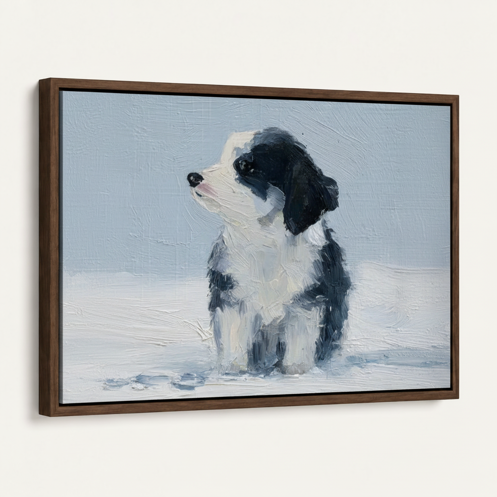 Side-angle white background product view of border collie puppy framed canvas showing walnut floater frame depth