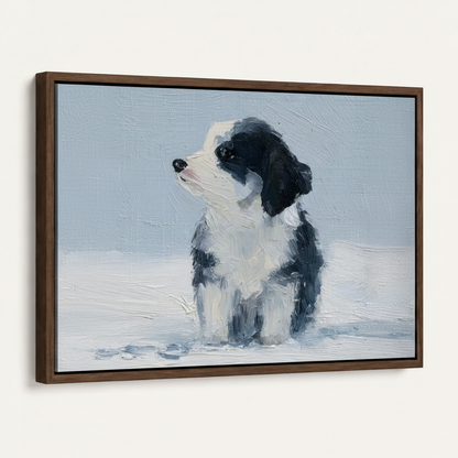 Side-angle white background product view of border collie puppy framed canvas showing walnut floater frame depth