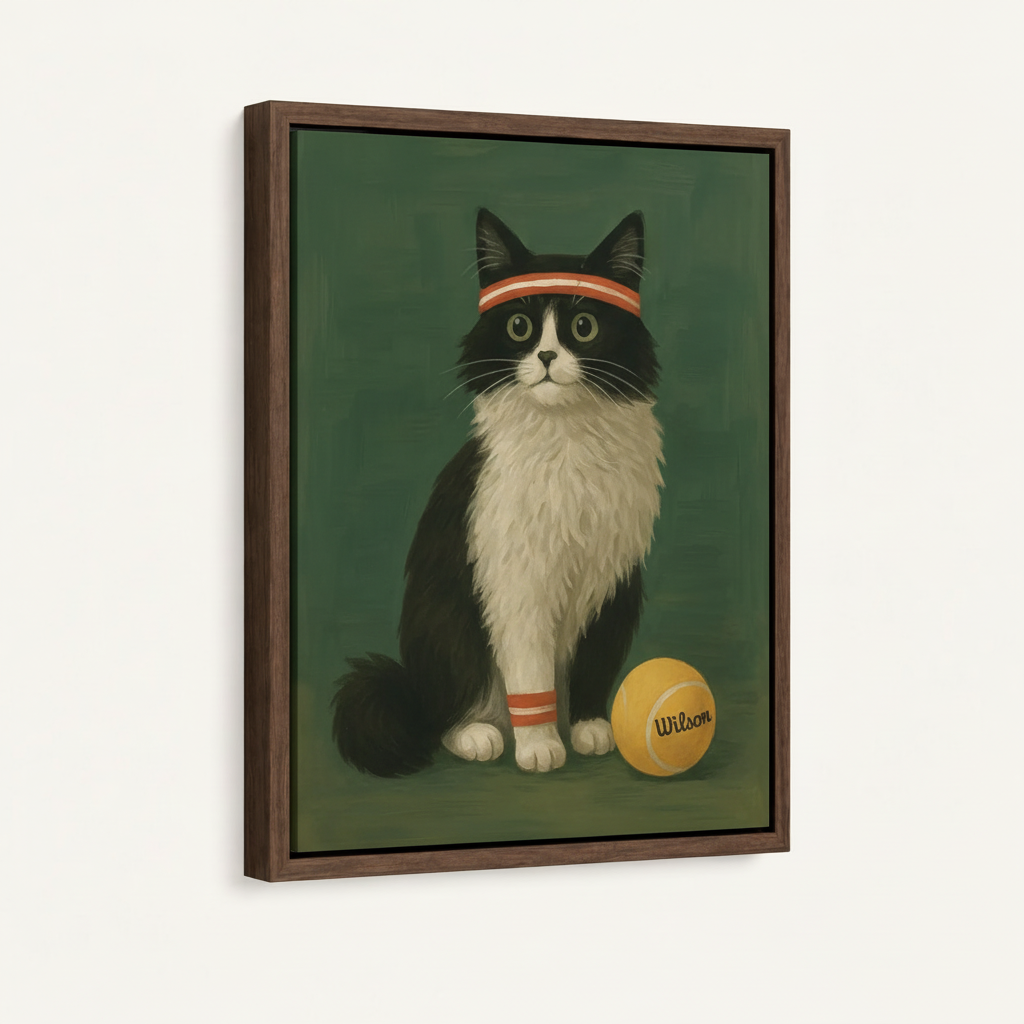 Framed canvas wall art closeup showing tuxedo cat in red headband with Wilson tennis ball, dark walnut frame
