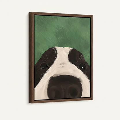 Framed Border Collie canvas art product shot in dark walnut floater frame on white background