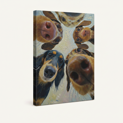 Gallery wrapped canvas of four curious dogs looking down shown at angle with cream solid edges on white background