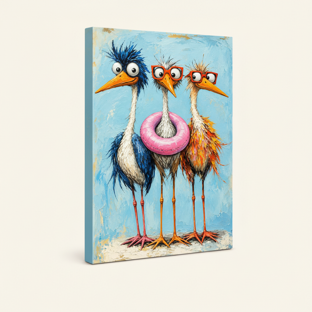 Gallery-wrapped funny bird canvas at three-quarter angle on cream background showing side depth