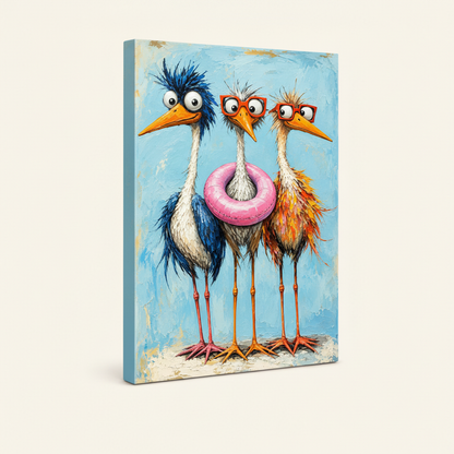 Gallery-wrapped funny bird canvas at three-quarter angle on cream background showing side depth