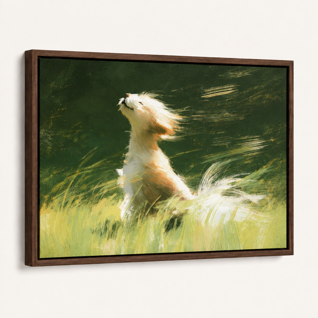 Framed windblown dog canvas art shown with a deep walnut frame
