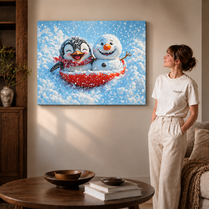 Gallery-wrapped winter canvas wall art shows a penguin and snowman in a red sled beside a woman.