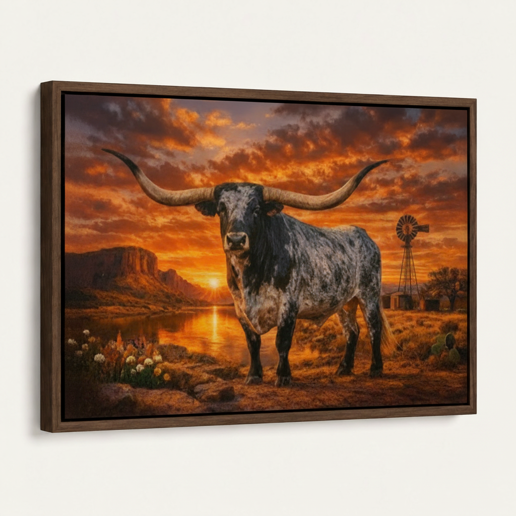 Framed canvas Texas Longhorn oil painting angled product view on white background
