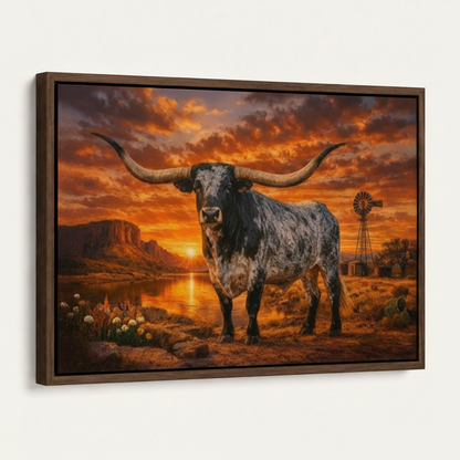 Framed canvas Texas Longhorn oil painting angled product view on white background