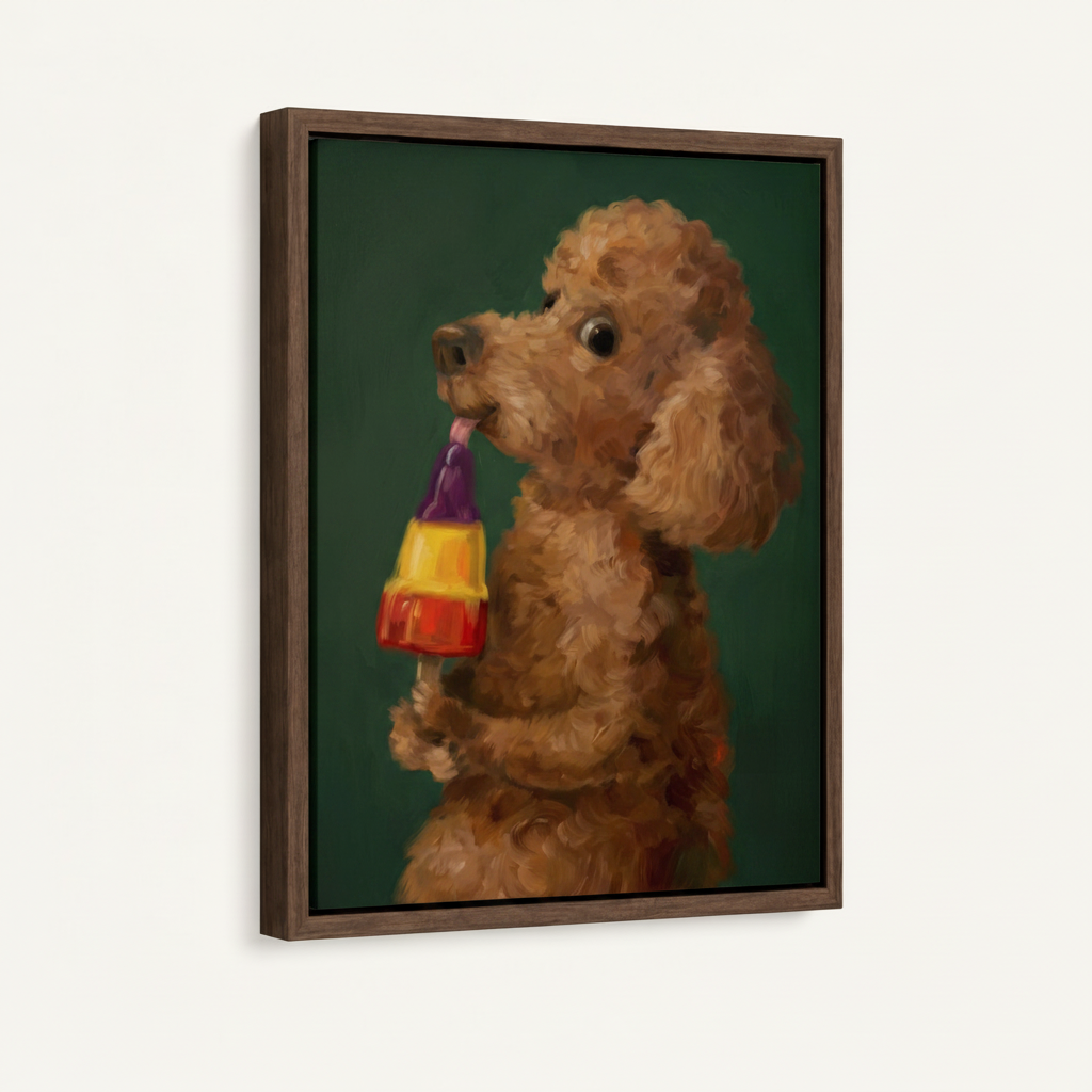 Framed canvas wall art showing a golden poodle licking a colorful popsicle on deep green background