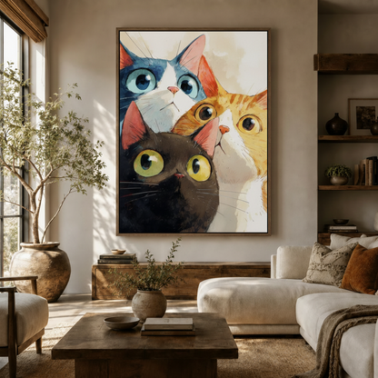 Whimsical watercolor three cats canvas print displayed above a sofa in a warm boho living room